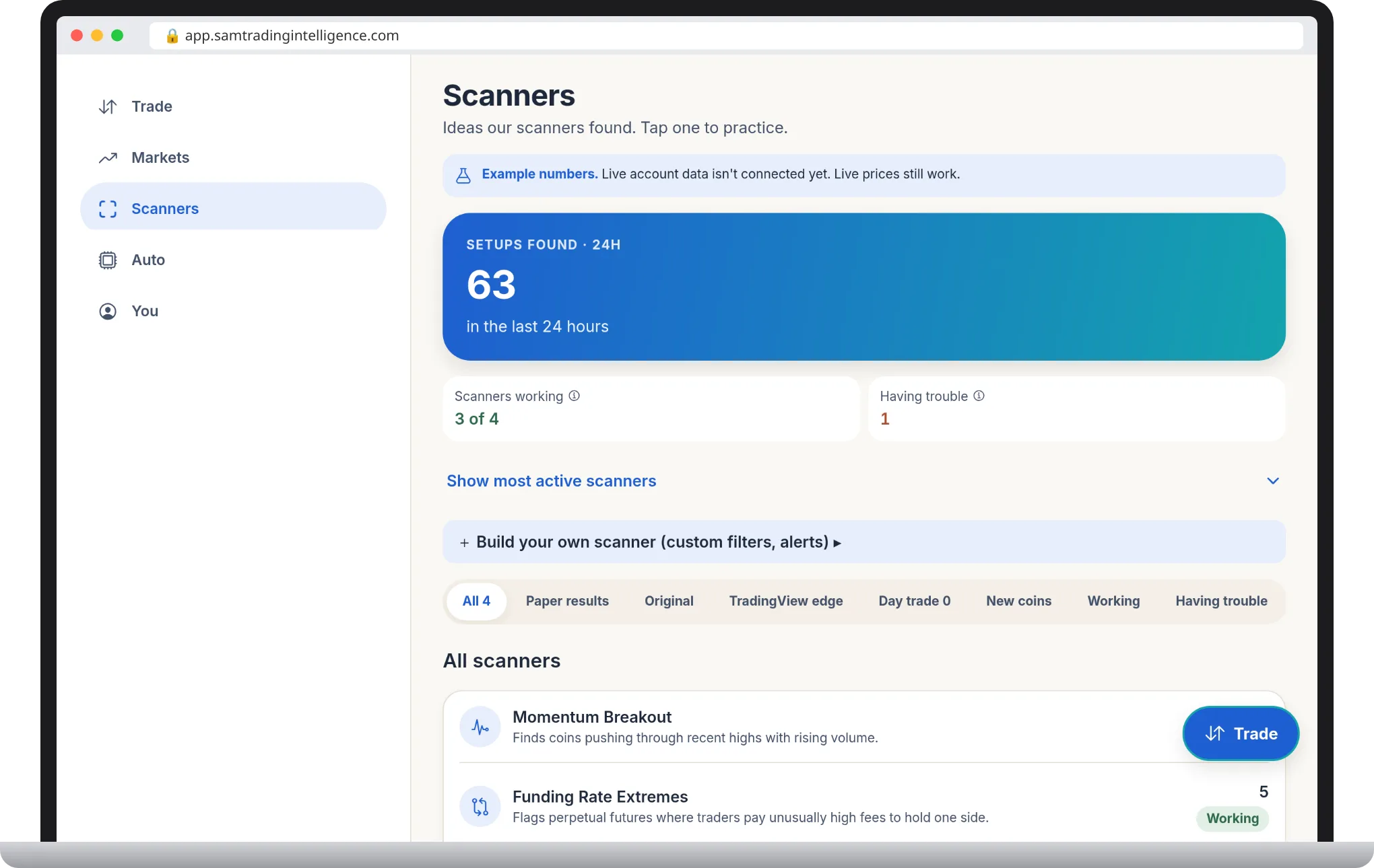 Real screenshot of the Sam Trading Intelligence web app: the Scanners screen listing paper-trading scanners and setups found in the last 24 hours